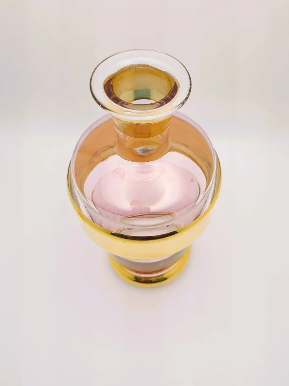 Vintage Pink Glass Gold Band Decanter Bottle MCM Hollywood Regency 8